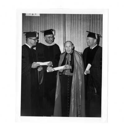 Dedication and convocation of Villiger (later Post) Academy of Food Marketing with William F. Maloney, S.J., Secretary of Agriculture Orville F. Freeman, Augustin Cardinal Bea, and William B. Murphy.