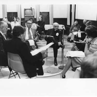 Pedro Arrupe, S.J., and Edward Brady, S.J., at International Eucharistic Congress, symposium on hunger, August 2, 1976, held at Philadelphia Civic Center.