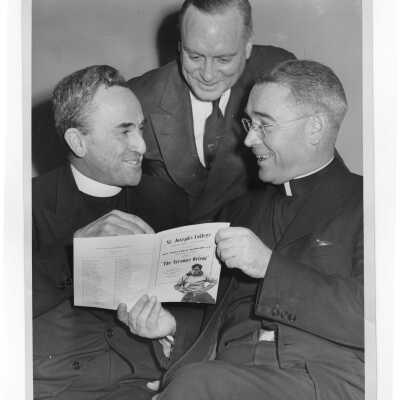 John J. Long, S.J., with John Horstmann and Bernard Hubbard, S.J., who visited SJC campus on January 16, 1948 for lecture forum.