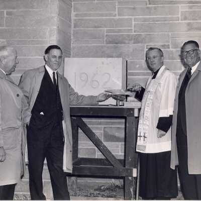 Drexel Library dedication and laying of cornerstone with Matthew Sullivan, S.J., Albert Dagit, architect and others.