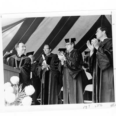 Terrence Toland, S.J., concluding honorary degree ceremony with F. Otto Haas, Dr. Thomas Melady, and William J. Green III during 1976 graduation/commencement.