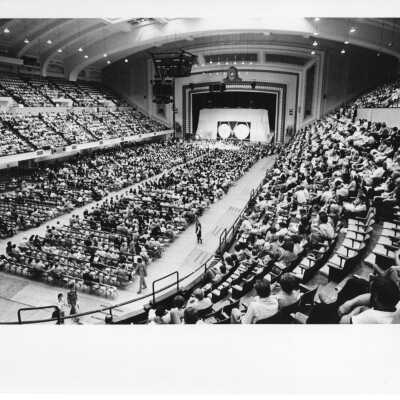 View of International Eucharistic Congress, symposium on hunger, August 2, 1976, held in main auditorium of Philadelphia Civic Center.