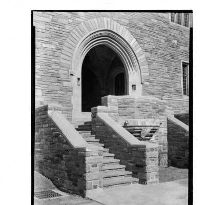 Exterior view of steps and central arch from Barbelin quadrangle before placement of statue of Blessed Virgin and plaque honoring students who died during World War Two.