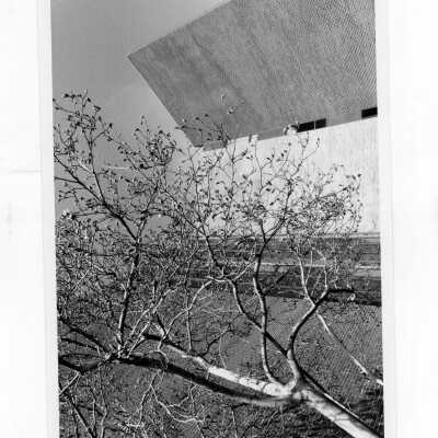 Exterior angled view of side of science center.