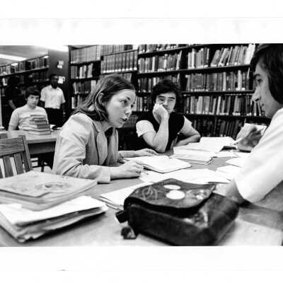 Students studying in Campbell Library, Academy of Food Marketing, Villiger (later Post).