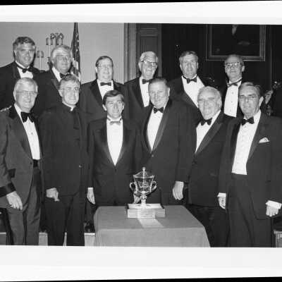 Donald I. MacLean, S.J., with alumni and recipient of 1985 Shield of Loyola Award, John F. Lehman, Jr.