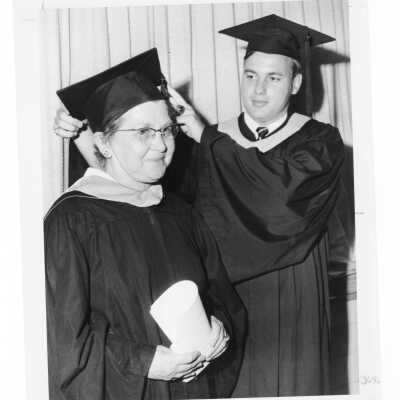 Two graduating students, Mrs. Catherine Betz and Martin S. Wilson, Jr. (the oldest and youngest in the class, ages 66 and 20) during 1968 graduation/commencement.