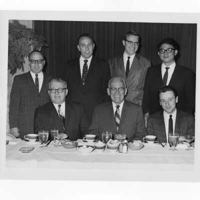 Joseph N. Bartlett, Chemistry Professor, is honored at a dinner for 38 years of service, May 24, 1967 with Dominic Robert, George Beichl, Joseph N. Bartlett, Ernest DiCarlo