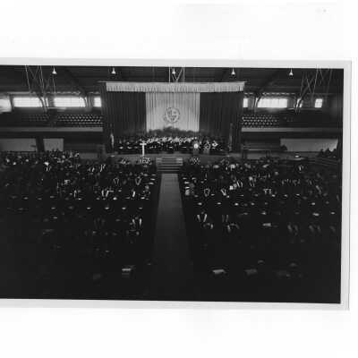Inauguration of President Terrence Toland, S.J., November 14, 1968. View of stage and audience in Field House during the ceremony.