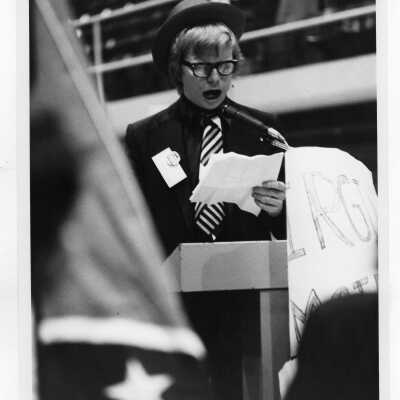 Student at mock Democratic convention in the Field House sponsored by the students of Delta Sigma Pi in March 1972.