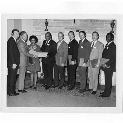 View of some individuals attending Conference on Corporate Social Responsibility, March 6, 1974, including, J. P. Gallagher, N. Denny, P. C. Bryant, C. Portlock, Arthur W. Howe, III, Harris C. Aller, Jr., Peter Svanda, Sam E. Line, Elmer Young, Jr.