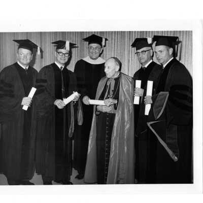 Convocation and dedication of Villiger (later Post) Academy of Food Marketing with William F. Maloney, S.J., Augustin Cardinal Bea, William B. Murphy and Theodore R. Gamble receiving honorary degrees,and Secretary of Agriculture Orville Freeman.