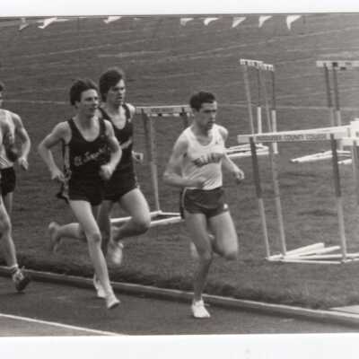 Men's track team at Rutgers Relays with team members Jim Flynn, Jerry Johannesson