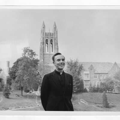Terrence Toland, S.J., President, SJC, with Barbelin Hall in background.