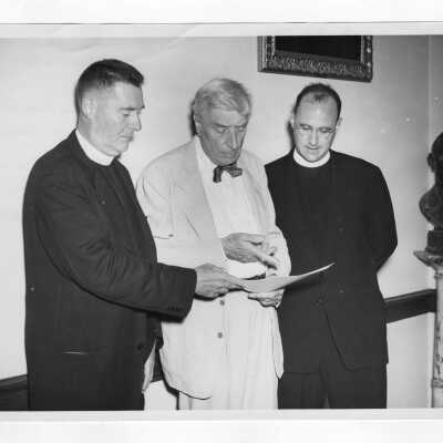 John S. O'Conor, S.J. (Physics and President of American Association of Jesuit Scientists, Eastern States Division) with W.F.G. Swann (Bartol Research Foundation), and Joseph F. Mulligan, S.J. (Woodstock College and Secretary of AAJS)