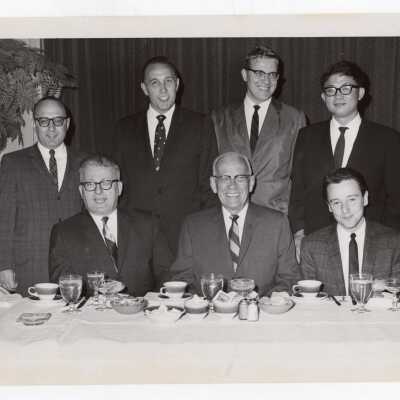 Chemistry Department faculty at testimonial dinner honoring Joseph Bartlett for 38 years of service, May 24, 1964. Included are George Beichl, Ernest DiCarlo, Joseph Bartlett, and others.