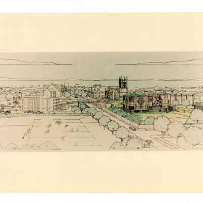 Architect's drawing of Chapel of Saint Joseph as situated on SJU campus.