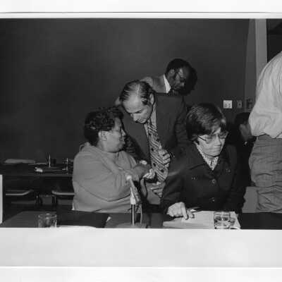 Milton J. Shapp (conducting seminar in executive decision making at SJC Academy of Food Marketing in spring 1969?)