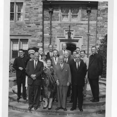 Dr. Truman G. Schnabel, Sr.,recipient of Shaffrey award, with family, guests, William F. Maloney, S.J., and others in front of Regis Hall, April 21, 1963