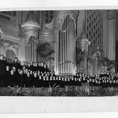 Saint Joseph's College Glee Club and Immaculata College Glee Club giving joint performance at John Wanamaker Department Store in center city Philadelphia.