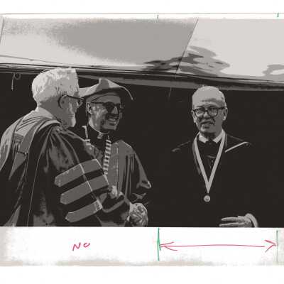 Frank Gerrity receiving the Bene Merenti medal from Donald I. MacLean, S.J., with James E. Dougherty congratulating during 1977 graduation/commencement.