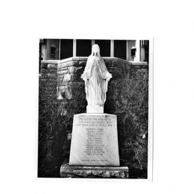 Statue and memorial plaque in Barbelin quandrangle erected to the memory of 1943 classmates who gave their lives in World War Two [World War II].