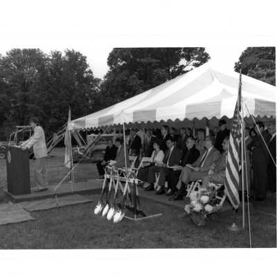 Nicholas S. Rashford, S.J., Dan Curran, Albert H. Jenemann, S.J., Michael Morris, Matthew Quinn, and others holding shovels at McShain Hall groundbreaking.