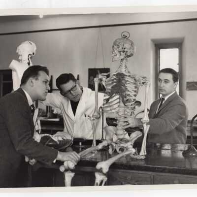 Biology professor Francis J. MacEntee, S.J. with two students in science laboratory looking at skeleton, April 1964.