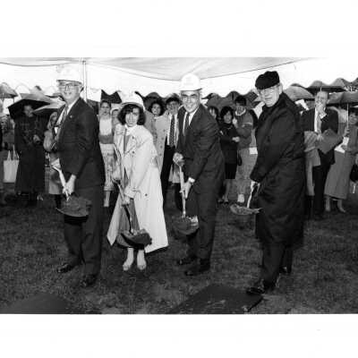 Groundbreaking ceremony for Chapel of Saint Joseph's with Nicholas Rashford, S.J., Mr. Henkels, Ms. Hickey, and Mr. St. John