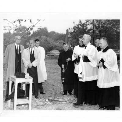 Villiger (later Post) Academy of Food Marketing groundbreaking with J. Joseph Bluett, S.J. and others.