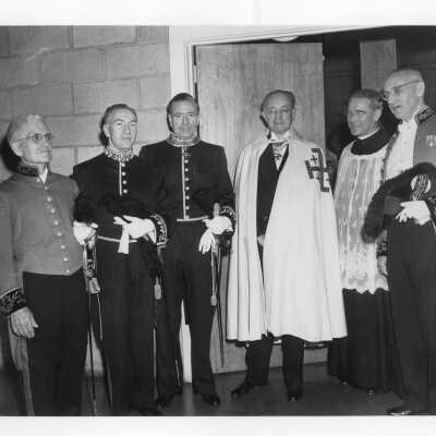 Knights and others who participated in pontifical mass for centennial celebration held in Field House, including Thomas Quirk, John McShain, John J. Long, S.J., Judge McGraney (?), Mr. Doyle, and Judge Carroll.