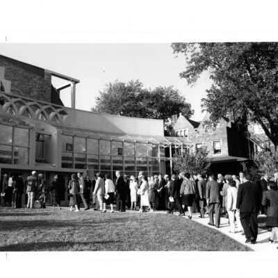 People walking into Chapel of Saint Joseph during dedication service.