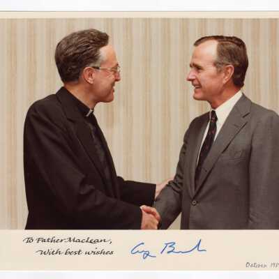 Donald I. MacLean, S.J., with Vice President George Bush at a meeting in Philadelphia, September 1982.