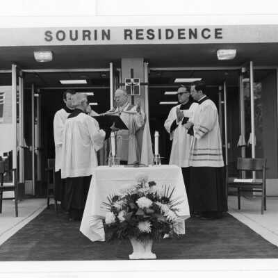 Dedication of Sourin Residence Center with Donald I. MacLean, S.J., Rev. Francis B. Schulte, and others.