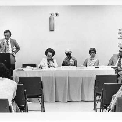 Panel presentation, "Christian Community and Domestic Programs to End Malnutrition," at Internationl Eucharistic Congress, symposium on hunger, August 2, 1976, held at Philadelphia Civic Center. Included are P. Young, V. Sanders, M. Lloyd, D. McLau