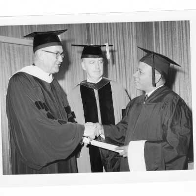 William F. Maloney, S.J., with honorary degree recipients, William Toomey and Lawrence W. Pierce during September 1967 graduation/commencement.