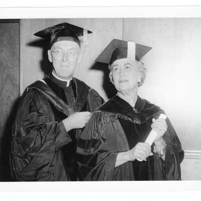 J. Joseph Bluett, S.J., with honorary degree recipient, Honorable Kathryn Granahan at October 1959 graduation/commencement.