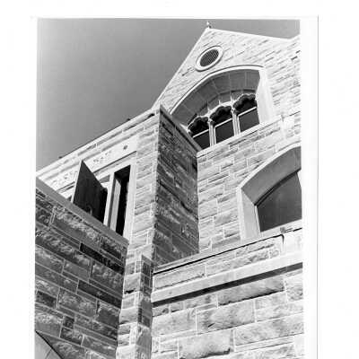 Exterior view of portion of McShain Hall taken from pedestrian bridge?