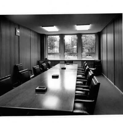 View of conference room in Villiger (later Post) Academy of Food Marketing with cigarette ashtrays on table.