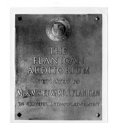 Dedication plaque for Flanigan Auditorium in Field House (Sports Complex).