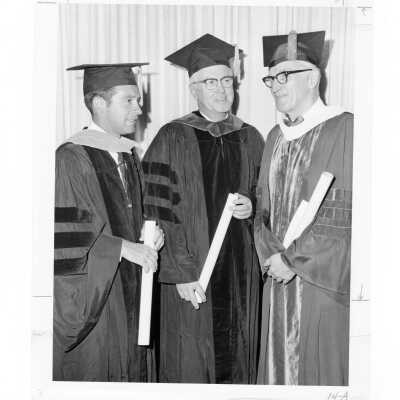 Three honorary degree recipients, John R. Bunting, Mayor James H. J. Tate, and Gaylord P. Harnwell during September 1969 graduation/commencement.