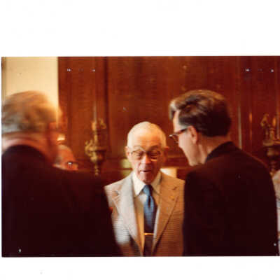 Alumni reunion of class of 1931 held on May 16, 1981. Two views of alumni attending reception, including Donald I. MacLean, S.J. attending reception.