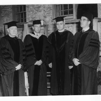 Edward G. Jacklin, S.J. with honorary degree recipients, Judge James C. Ganey, Charles W. Perelle, and Francis C. Nash 1952 graduation/commencement ceremony.