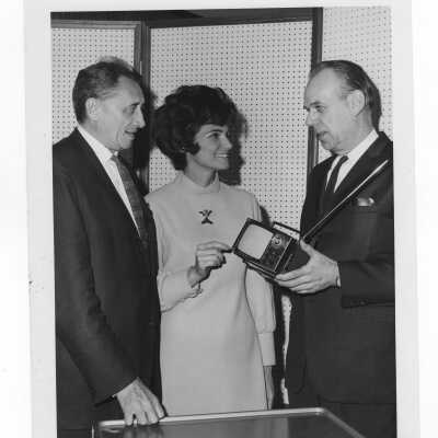 Rex Polier, Marcia Rose and John Roberts at SJC Workshop on Business Ethics, December 9, 1968. The workshop title was "The Power of the Tube," discussing the impact of television.