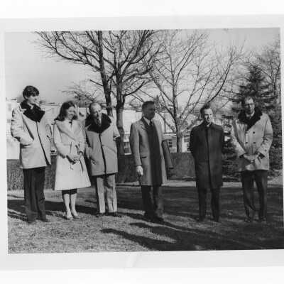Ceremony during 125th anniversary of SJC in 1976, with Terrence Toland, S.J., receiving certificate from American Revolution Bicentennial Comm. Other individuals included Ed Denion, S.J., Mary Lou Finlayson, D. Strasburger, J. Verica,and D. DeLucca.