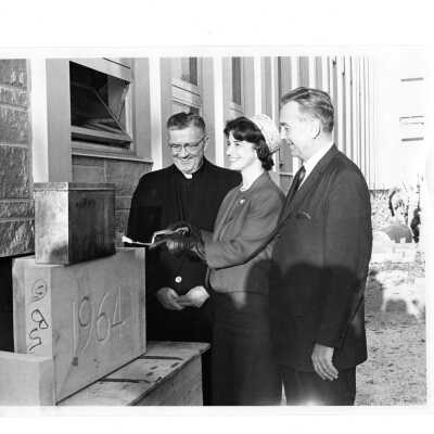 Villiger (later Post) Academy of Food Marketing dedication and laying of cornerstone with William F. Maloney, S.J., Herbert Sugden, and Mrs. Orville Freeman, November 1964.