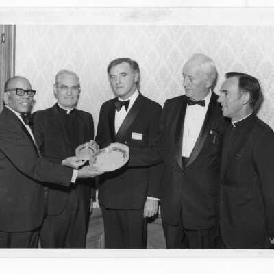 Michael J. Smith, S.J., recipient of Crim-Gray Award, and Lawrence W. Pierce, recipient of Nunc Pro Tunc Award, with Terrence Toland, S.J., Mr. McDermott, and Mr. McLaughan at Law Alumni dinner, November 30, 1972.