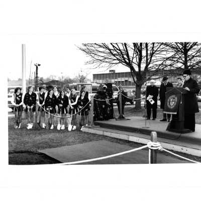 Groundbreaking for Sports Complex (addition to Field House) with Donald I. MacLean, S.J., Emory Ross, S.J., cheerleaders, and Haws mascot.