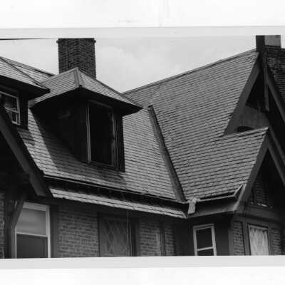 Exterior view of roof of Simpson Hall after fire.