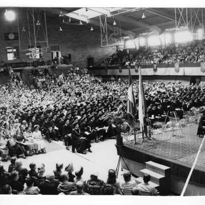 View of 1953 graduation/commencement ceremony in Field House.